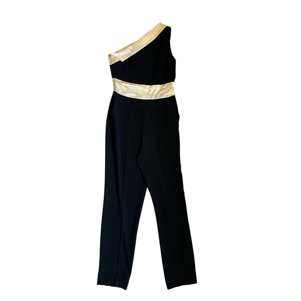 SALONI Linda One-Shoulder Jumpsuit Black and Cream Size 4
